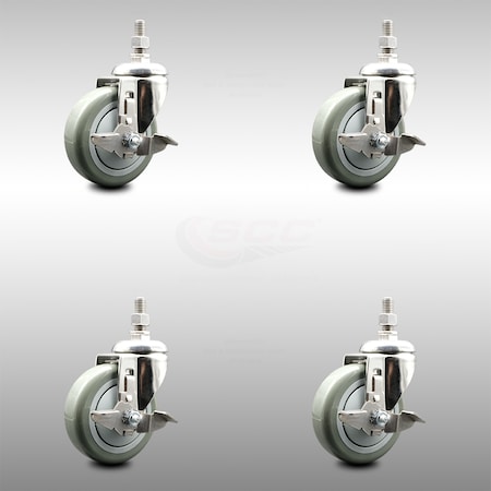 Service Caster 4 Inch 316SS Gray Polyurethane Swivel 12mm Threaded Stem Caster Set Brake SCC-SS316TS20S414-PPUB-TLB-M1215-4